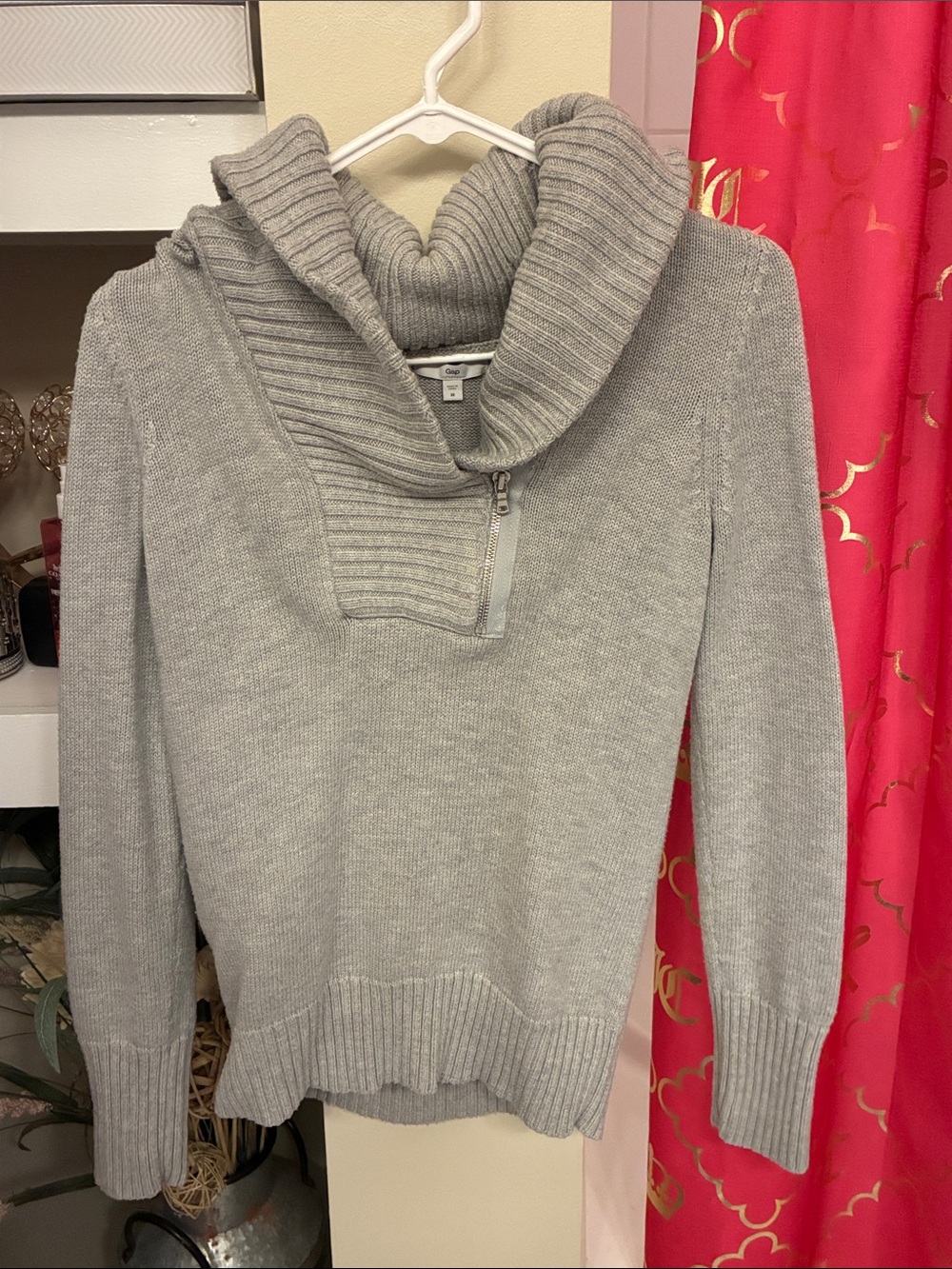 GAP Light Gray Ribbed Shawl Zip Turtleneck Sweater